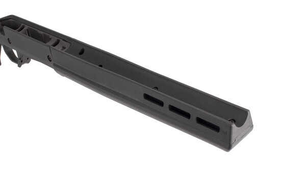 Magpul Hunter stock in black for short action Ruger American uses a comfortable wide forend with M-LOK slots
